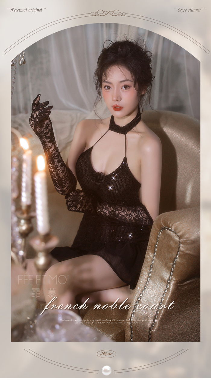 【海薇小姐】立體花卉Ｖ型裸背輕奢優雅亮片連身裙含袖套四件式套裝