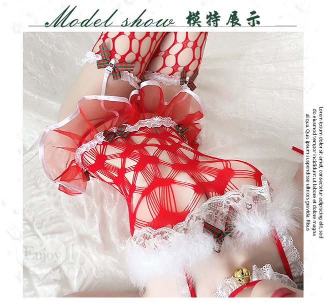 魅力聖誕派對！鈴鐺頸環激情線條透視吊襪帶大圓孔網襪六件式套裝