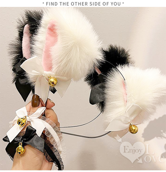 做你的寵物-毛絨鈴鐺貓耳髮箍+木耳花邊頸圈兩件組﹝黑﹞
