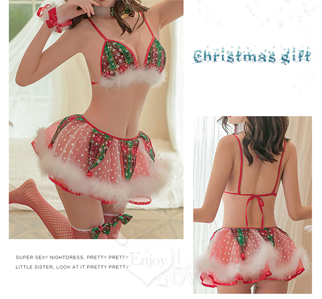 魅力聖誕派對！麋鹿髮箍紅綠格紋拼接點點雪花蓬蓬短裙七件式套裝