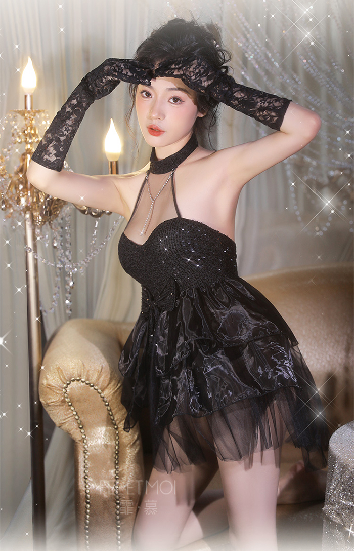 【愛琳小姐】優雅黑天鵝亮片掛脖琉璃紗蓬裙含袖套三件組