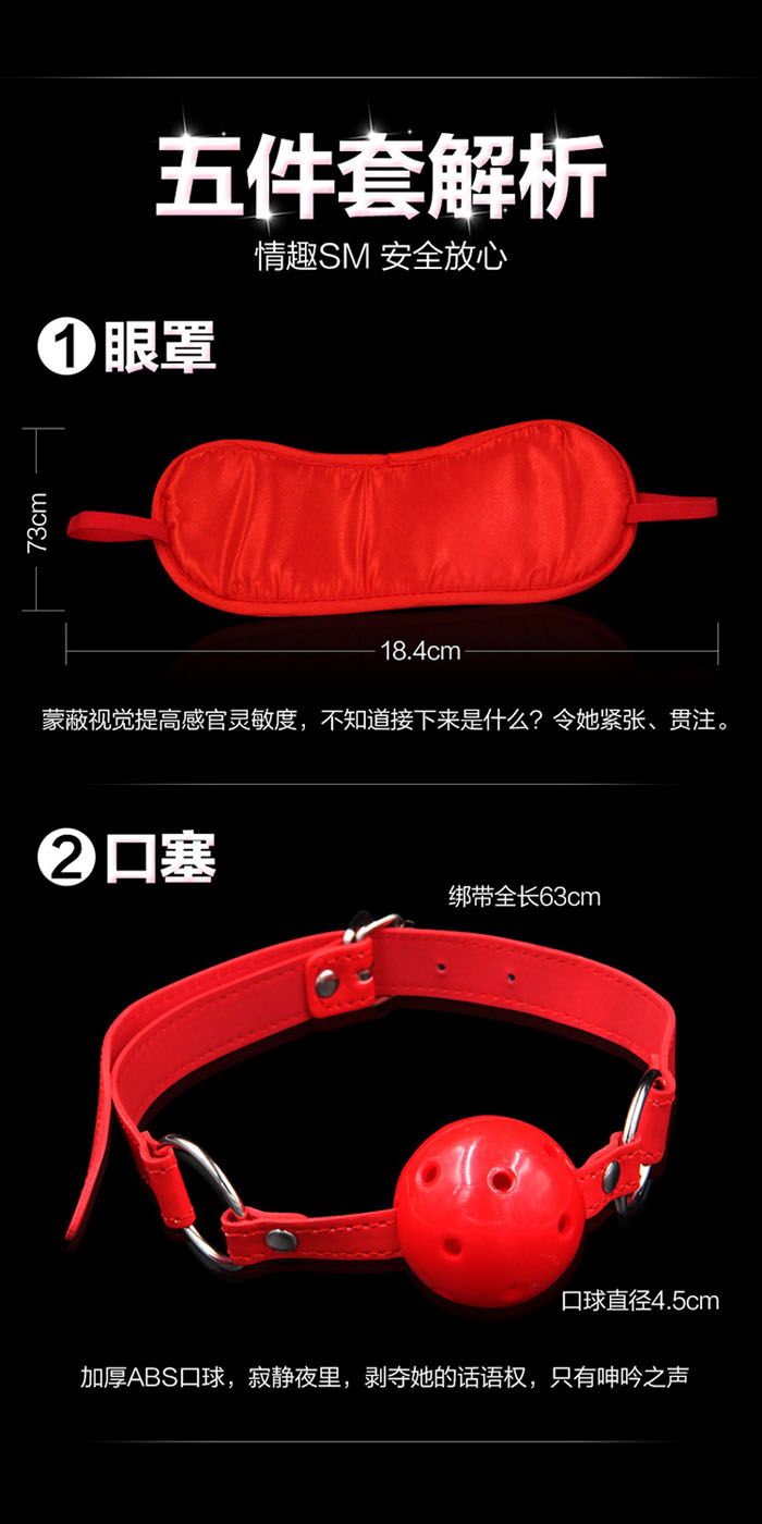SM捆綁束縛情趣五件套組(眼罩+手銬+口塞+羽毛棒+鞭子)紅色