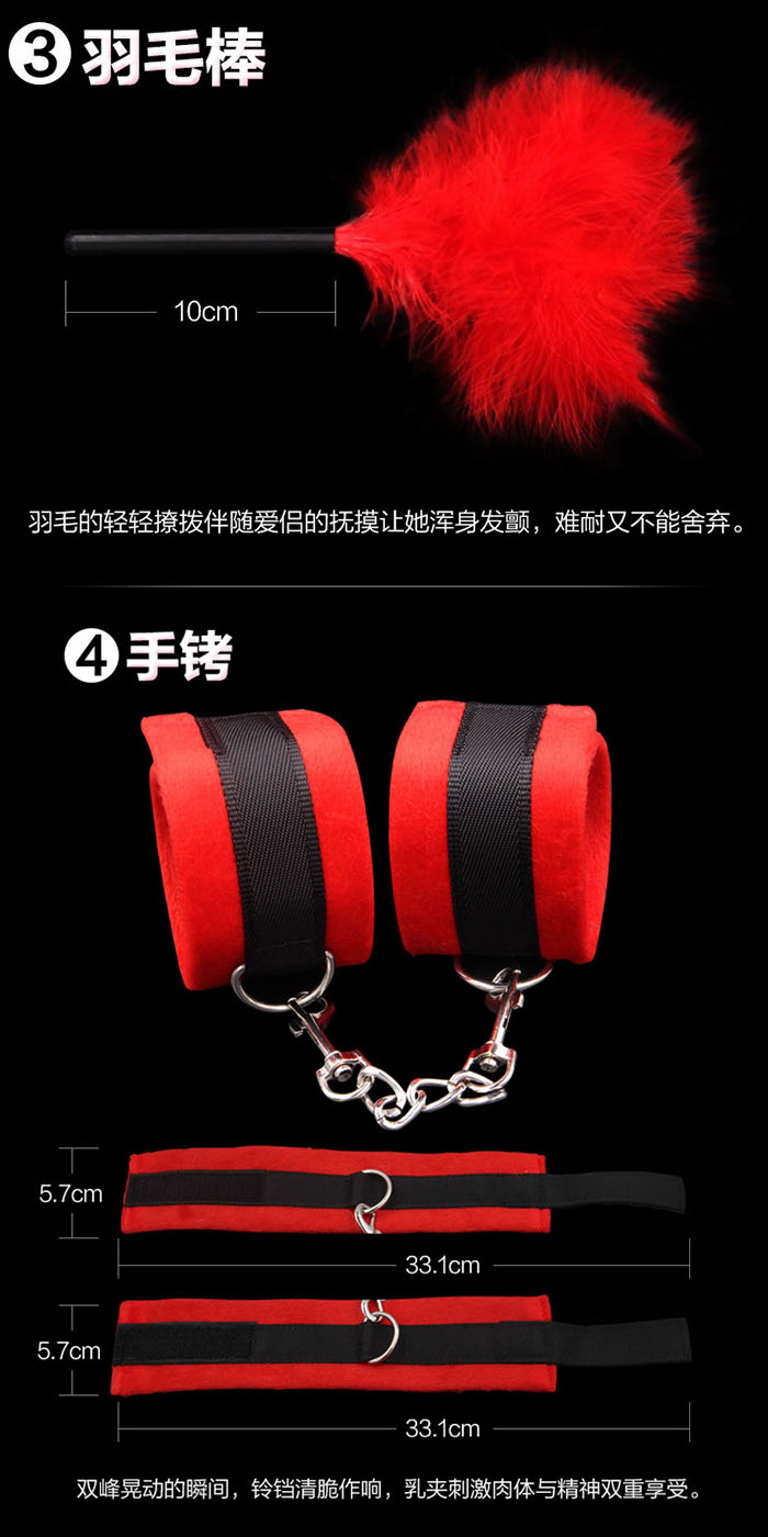 SM捆綁束縛情趣五件套組(眼罩+手銬+口塞+羽毛棒+鞭子)紅色