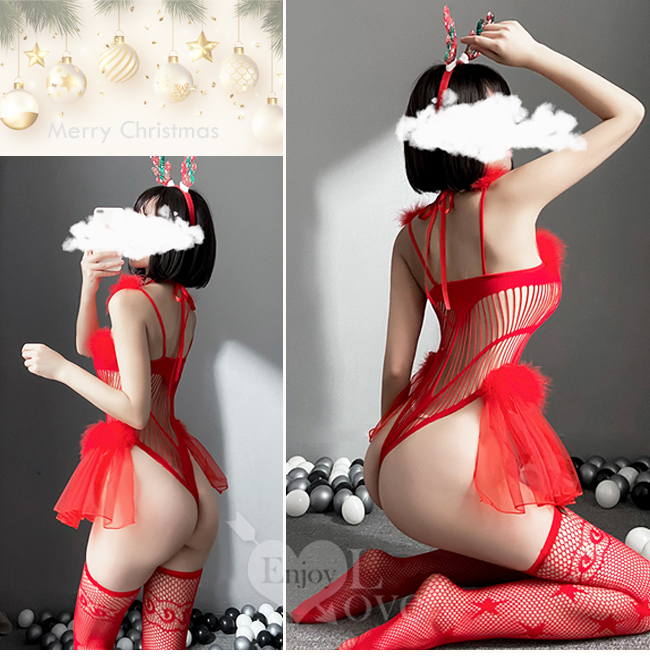 魅力聖誕派對！V字線條鏤空兩側紗裙連身衣含星星網眼襪四件式套裝